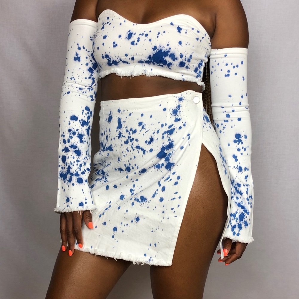 Tye Dye Blue & White high slit denim skirt set